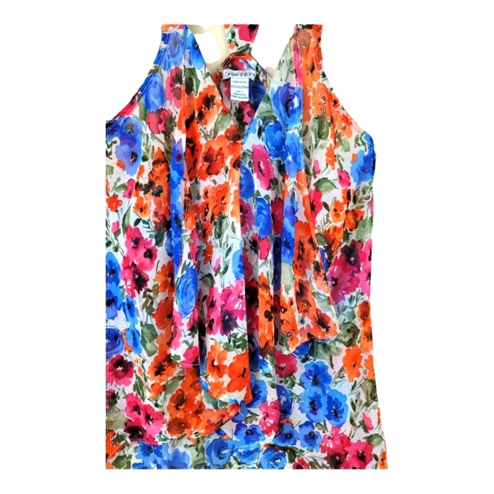 POETRY Flowy Spring Floral Print Hi-Lo Racerback Front Ruffle Top - Picture 5 of 11